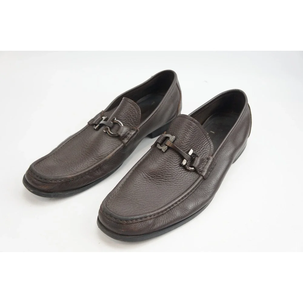 Salvatore Ferragamo Loafers 13 Brown Gancini Pebble Grain Leather Good